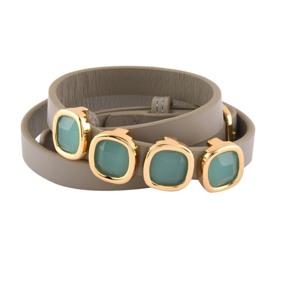 New~Trendy Taupe Leather & Peru Chalcedony Gemstone Wrap Buckle Bracelet